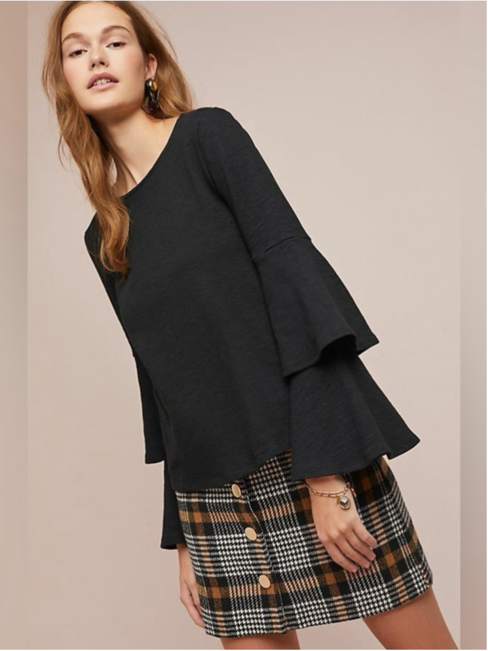 Anthropologie Eri + Ali Tiered Ruffled Sleeve Top Size Medium Black